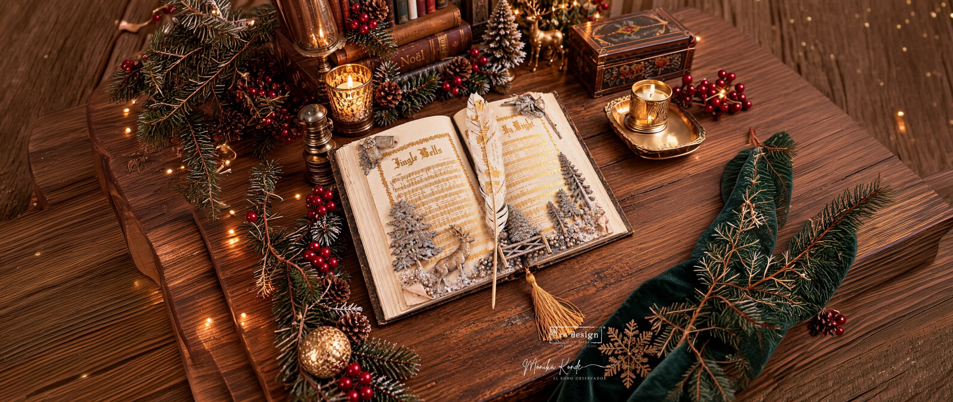 Open decorated holiday book with detailed winter pages