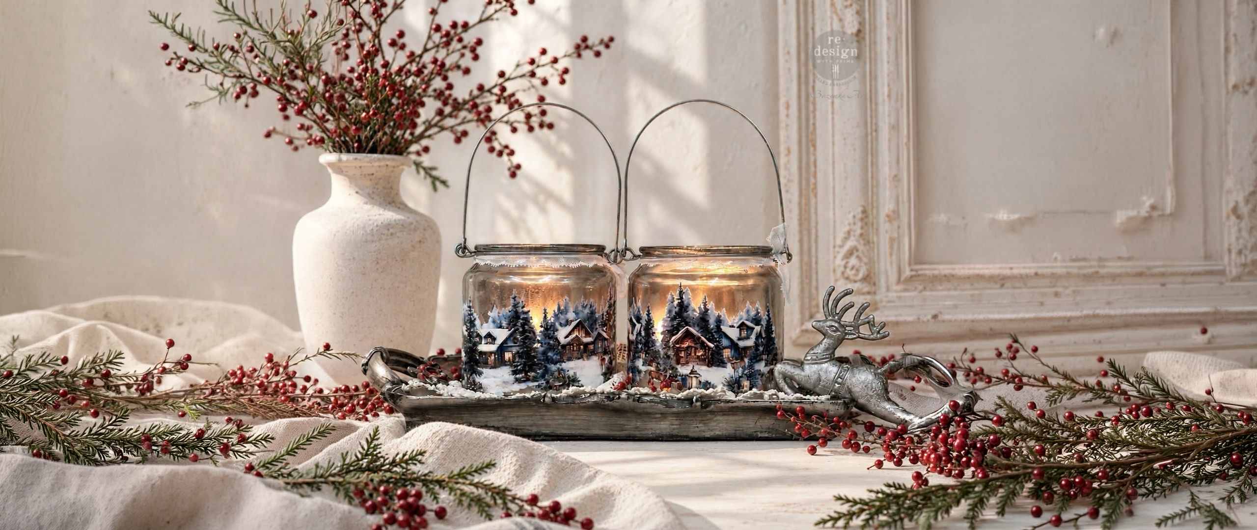 Ivory winter jars with snowy holiday scenes