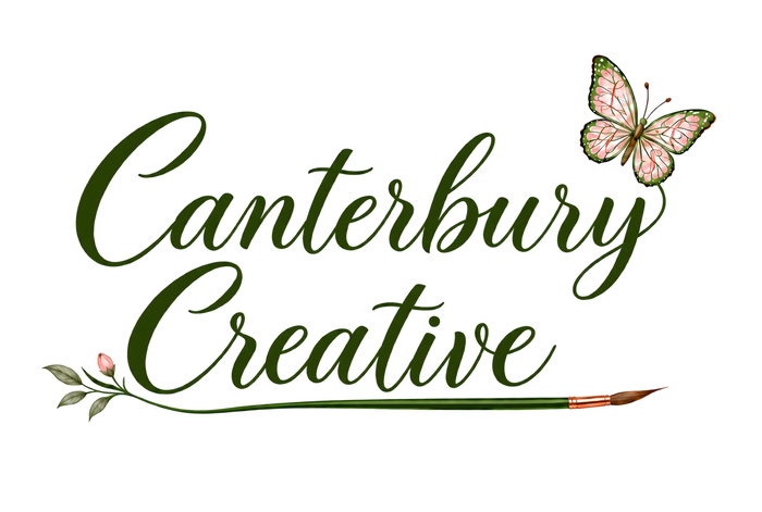  Canterbury Creative logo with olive-green script, pink butterfly, flower and paintbrush 
