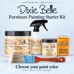 Dixie Belle starter kit mockup with 16 oz Drop Cloth paint, 8 oz White Lightning cleaner, 8 oz Satin Clear Coat, Orange Scrubby Soap and Wise Owl Premium 1.5-inch Micro Angled brush; color choice available