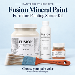 Fusion starter kit mockup with 500 mL Raw Silk paint, 250 mL TSP Alternative, 60 mL Fusion Brush Soap and Wise Owl Premium 1.5-inch Micro Angled brush; color choice available