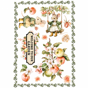 Homegrown Collection A4 transfer with garden mice, apples, flowers and Welcome to Our Garden sign