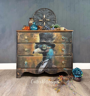 Cogsworth Furniture Decoupage, Whimsykel Designs Tissue Paper, Steampunk Ostrich with Tophat