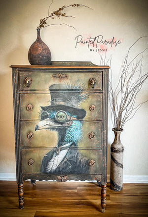 Cogsworth Furniture Decoupage, Whimsykel Designs Tissue Paper, Steampunk Ostrich with Tophat