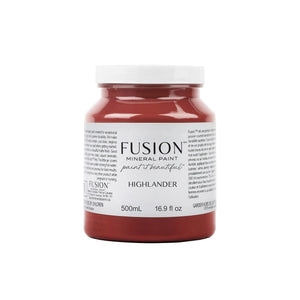 May include: A red paint can with the label Fusion Mineral Paint paint it beautiful Highlander 500mL 16.9 fl oz
