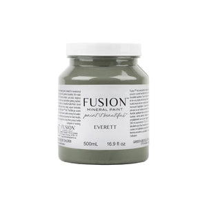 May include: A 500 ml bottle of Fusion Mineral Paint in the color Everett. The paint is a light green color and the bottle has a white label with the Fusion logo and the words 'paint it beautiful.' The bottle is sitting on a white background.