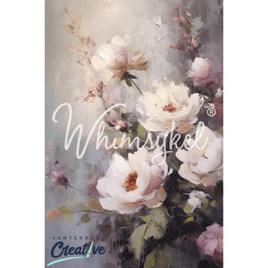 May include: A painting of a bouquet of white flowers with green leaves and a light gray background. The flowers are in a vase and the painting is signed "Whimsykol" in the lower right corner.