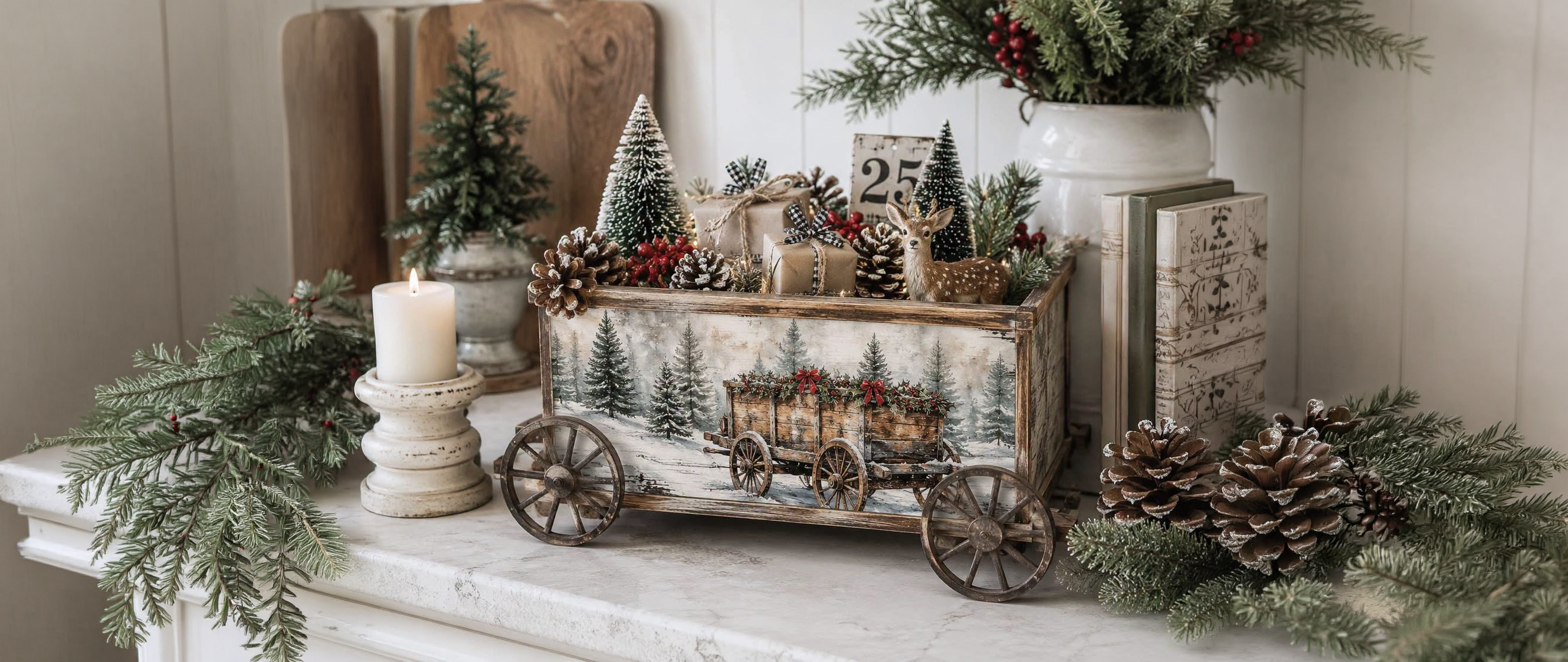 Rustic holiday wagon with winter scenery, greenery and gifts
